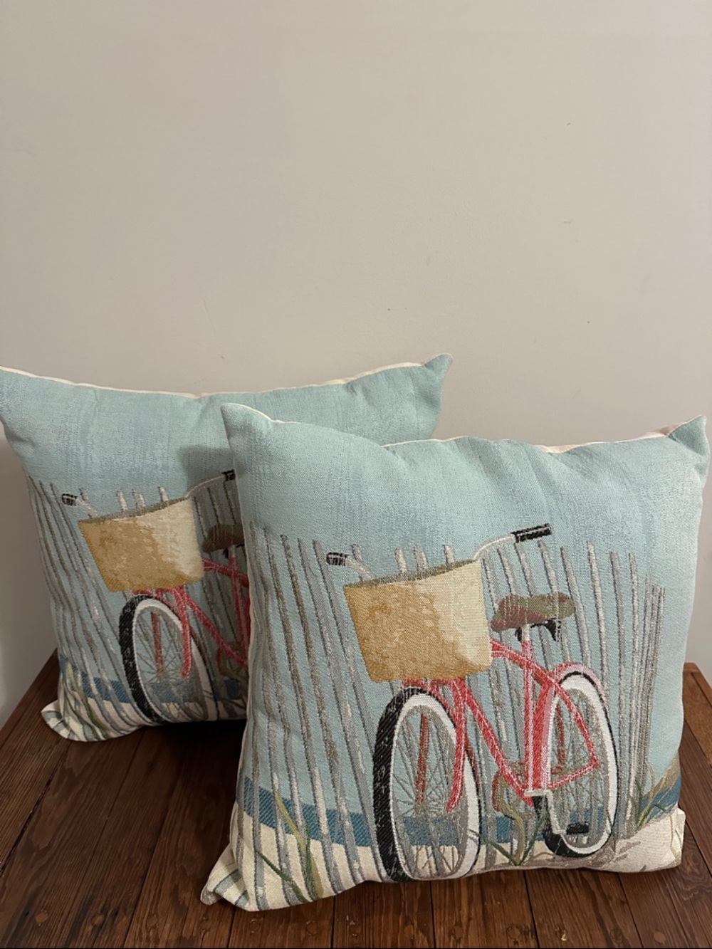 Coastal Bicycle Accent Pillow Pair in Light Blue